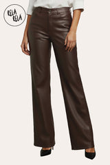 Front view of chocolate faux leather trousers – high waist dad fit wide leg style for a sleek, polished look.