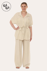 Short Sleeve Belted Utility Shirt & Elastic Waist Pants Set Lounge Co-Ord in Beige