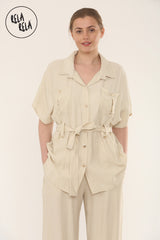 Short Sleeve Belted Utility Shirt & Elastic Waist Pants Set Lounge Co-Ord in Beige