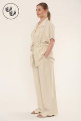 Short Sleeve Belted Utility Shirt & Elastic Waist Pants Set Lounge Co-Ord in Beige