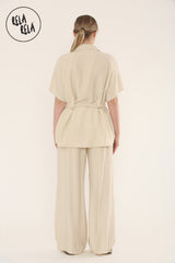 Short Sleeve Belted Utility Shirt & Elastic Waist Pants Set Lounge Co-Ord in Beige