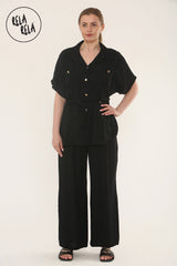 Short Sleeve Belted Utility Shirt & Elastic Waist Pants Set Lounge Co-Ord in Black