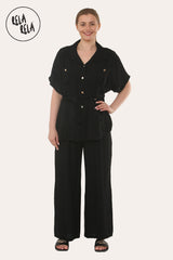 Short Sleeve Belted Utility Shirt & Elastic Waist Pants Set Lounge Co-Ord in Black