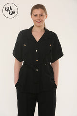 Short Sleeve Belted Utility Shirt & Elastic Waist Pants Set Lounge Co-Ord in Black