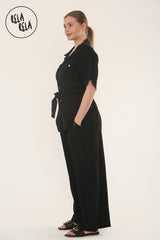 Short Sleeve Belted Utility Shirt & Elastic Waist Pants Set Lounge Co-Ord in Black