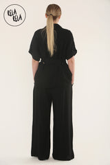 Short Sleeve Belted Utility Shirt & Elastic Waist Pants Set Lounge Co-Ord in Black
