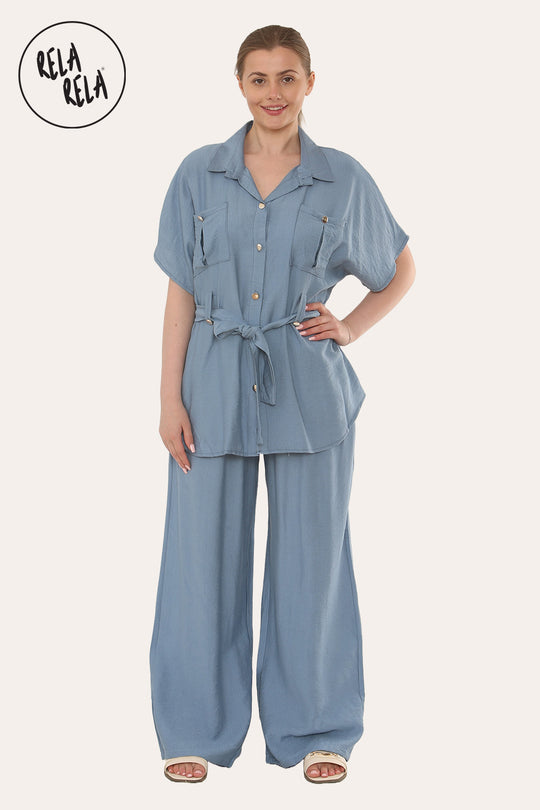 Short Sleeve Belted Utility Shirt & Elastic Waist Pants Set Lounge Co-Ord in Blue