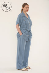 Short Sleeve Belted Utility Shirt & Elastic Waist Pants Set Lounge Co-Ord in Blue