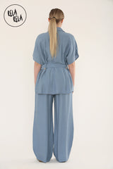 Short Sleeve Belted Utility Shirt & Elastic Waist Pants Set Lounge Co-Ord in Blue