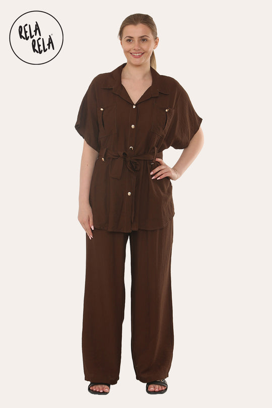 Short Sleeve Belted Utility Shirt & Elastic Waist Pants Set Lounge Co-Ord in Chocolate