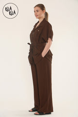 Short Sleeve Belted Utility Shirt & Elastic Waist Pants Set Lounge Co-Ord in Chocolate