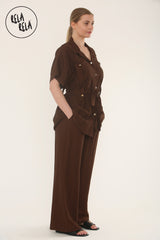 Short Sleeve Belted Utility Shirt & Elastic Waist Pants Set Lounge Co-Ord in Chocolate