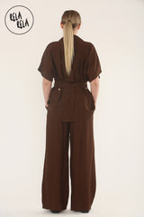 Short Sleeve Belted Utility Shirt & Elastic Waist Pants Set Lounge Co-Ord in Chocolate