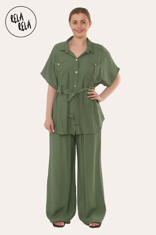 Short Sleeve Belted Utility Shirt & Elastic Waist Pants Set Lounge Co-Ord in Khaki