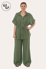 Short Sleeve Belted Utility Shirt & Elastic Waist Pants Set Lounge Co-Ord in Khaki