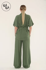 Short Sleeve Belted Utility Shirt & Elastic Waist Pants Set Lounge Co-Ord in Khaki