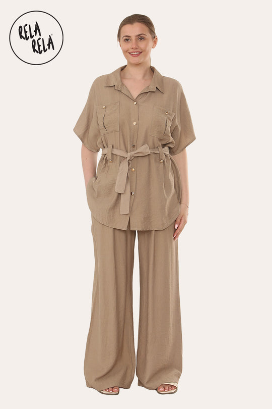 Short Sleeve Belted Utility Shirt & Elastic Waist Pants Set Lounge Co-Ord in Mocha