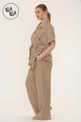 Short Sleeve Belted Utility Shirt & Elastic Waist Pants Set Lounge Co-Ord in Mocha