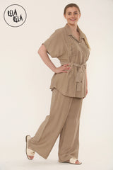 Short Sleeve Belted Utility Shirt & Elastic Waist Pants Set Lounge Co-Ord in Mocha