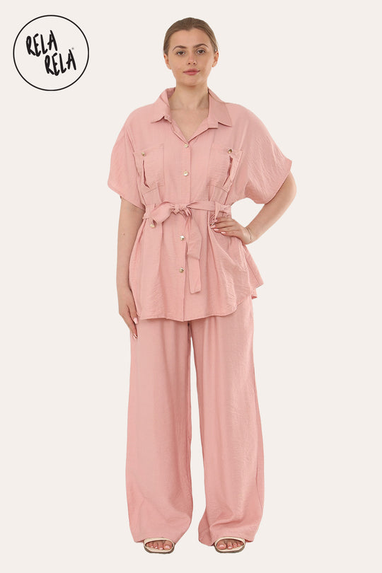 Short Sleeve Belted Utility Shirt & Elastic Waist Pants Set Lounge Co-Ord in Pink