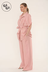 Short Sleeve Belted Utility Shirt & Elastic Waist Pants Set Lounge Co-Ord in Pink