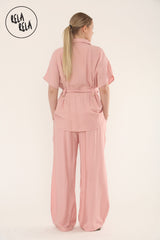 Short Sleeve Belted Utility Shirt & Elastic Waist Pants Set Lounge Co-Ord in Pink