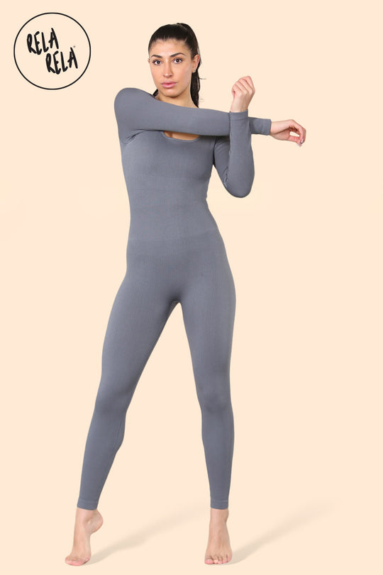 Square Neck Thick Ribbed Long Sleeve Jumpsuit in Grey