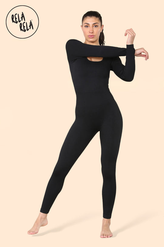 Square Neck Thick Ribbed Long Sleeve Jumpsuit in Black
