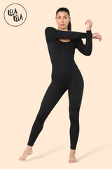 Square Neck Thick Ribbed Long Sleeve Jumpsuit in Black