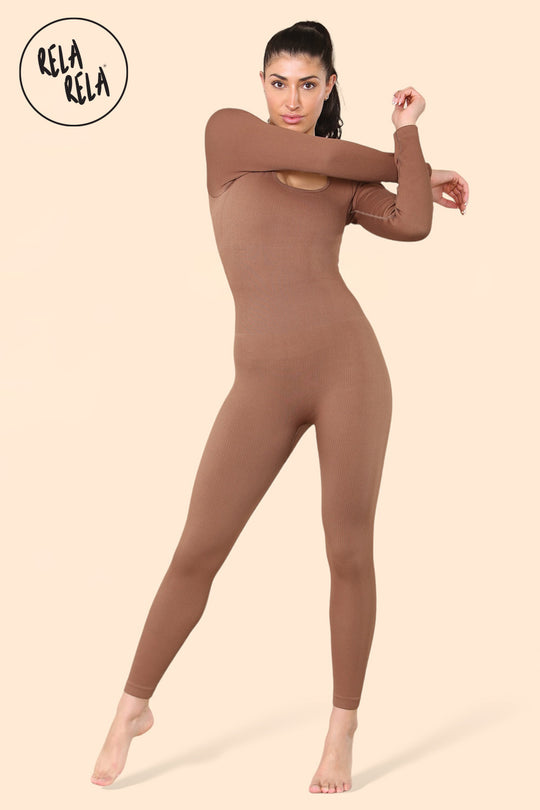 Square Neck Thick Ribbed Long Sleeve Jumpsuit in Chocolate