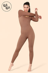 Square Neck Thick Ribbed Long Sleeve Jumpsuit in Chocolate