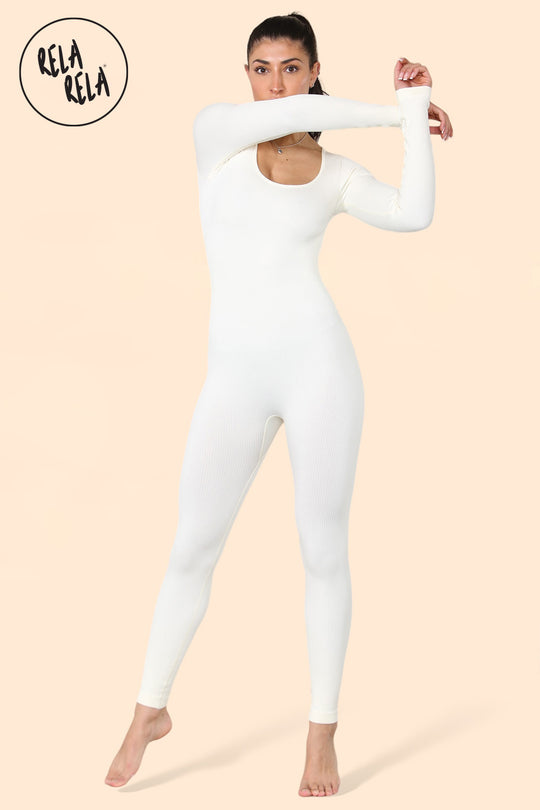 Square Neck Thick Ribbed Long Sleeve Jumpsuit in Cream