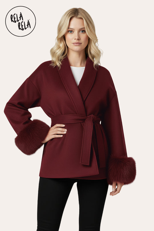Faux Fur Cuff Wrap Coat with Waist Tie Belt in Burgundy