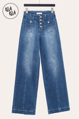 Front view of Stretchy Wide Leg Seamed Jeans in Indigo Wash with dad fit and mid-waist design.
