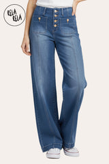 Front View of indigo blue wide leg jeans showing seamed detailing and button accents