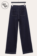 Back view of Stretchy Wide Leg Seamed Jeans in rinse blue showing relaxed dad fit and wide leg silhouette.