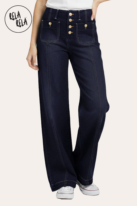Stretchy Wide Leg Seamed Jeans with Button Details in Rinse Blue