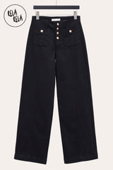 Front view of black wide leg jeans showing seamed detailing and button accents.