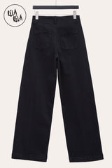 Back view of Black Stretchy Wide Leg Seamed Jeans in showing relaxed dad fit and wide leg silhouette. 