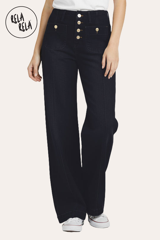 Stretchy Wide Leg Seamed Jeans with Button Details in Black