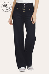 Front view of Stretchy Wide Leg Seamed Jeans in Black with dad fit and mid-waist design.