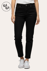Front view of stretch black mom jeans for women, mid-rise mom fit, casual everyday style