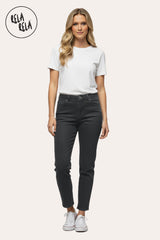 Front View of Model wearing Charcoal Stretchy Mid Rise Mom Fit Jeans