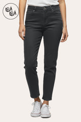 Front View of Charcoal Stretchy Mid Rise Mom Fit Jeans