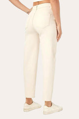 Back view of cream mid-rise stretch mom jeans for women, petite friendly