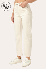 Side View of Cream petite stretch mom fit jeans for women