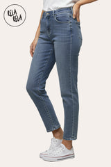 Side view Women's denim blue mom jeans, mid-rise waist, relaxed yet flattering cut