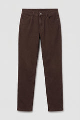 Flat lay of RELA RELA Dark Chocolate petite stretch mom jeans, showing the button fastening, pockets and deep brown denim finish.
