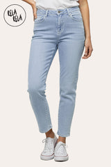 Front View of light blue stretch mom jeans for women, figure-enhancing mid-rise fit for petites