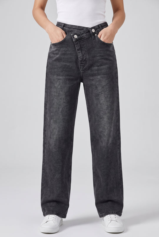 Stretchy Asymmetric Cross Front High Waist Wide Leg Jeans in Dark Grey